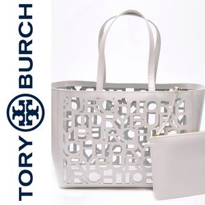 Tory Burch White Laser Cut Logo Tote